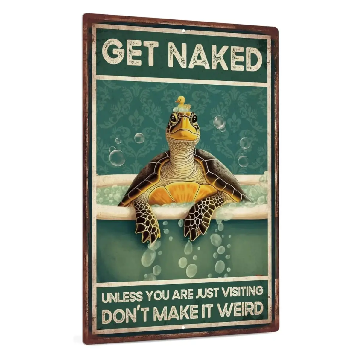 Funny "Get Naked" Turtle Vintage Tin Wall Plaque Sign - 8x12 in Pre-Drilled Vintage Plaque Decoration, Indoor Home Decor, Bathroom Toilet Gift Decorative Sign Restroom Sign