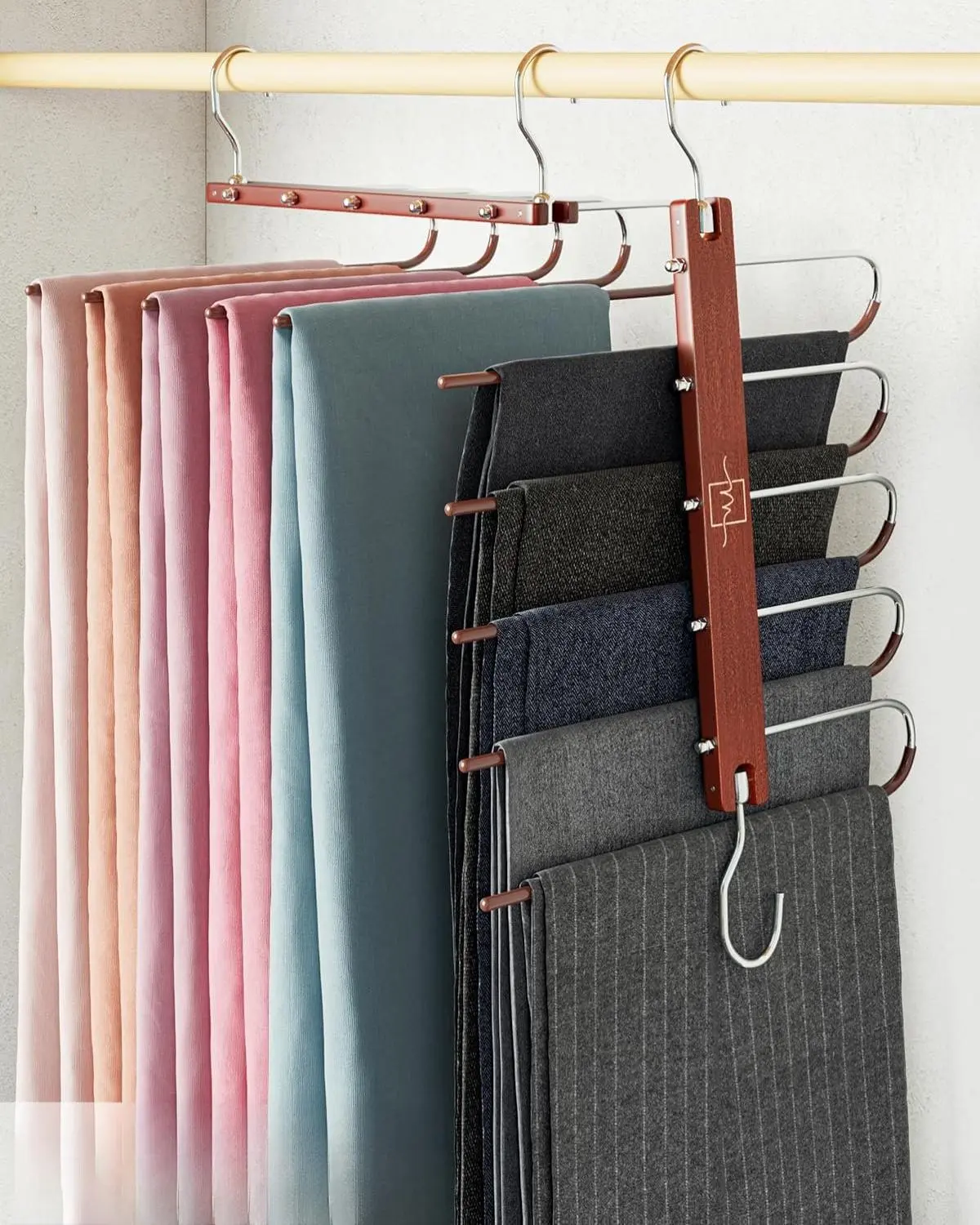 Pants Hangers Space Saving - 2 Pack European Beechwood Scarf and Jean Hangers - Closet Organizer and Space Saver Pant Rack, Leggings Hanger, and Scarf Holder with 360° Swivel Hook