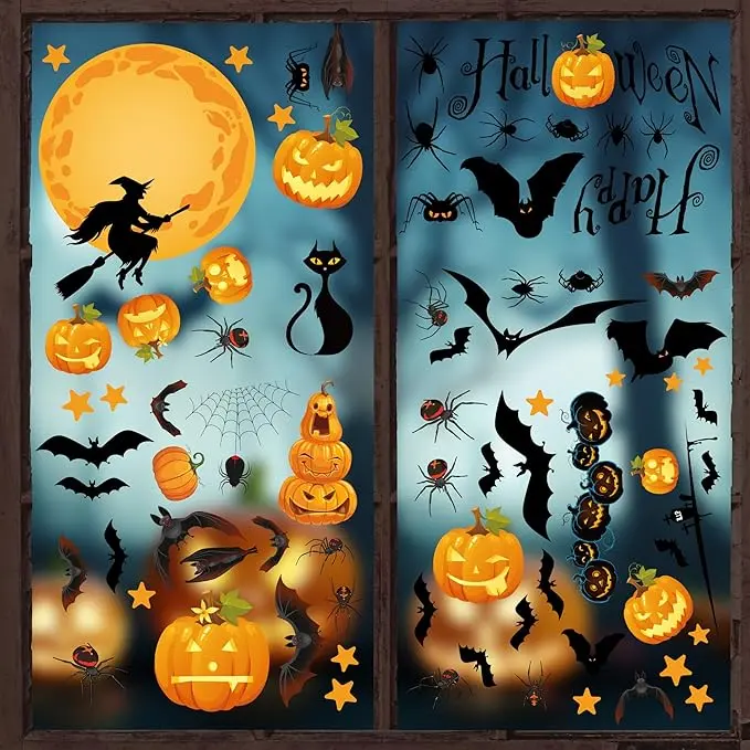 Halloween Pumpkin Spider Bat Window Clings Double Sided Removable Halloween Window Decorations for Glass Doors & Windows Reusable Static Window Stickers for Home School Office Shop Classroom & Halloween Party Decor