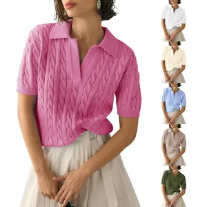PASLTER Women's Cable Short Sleeve Sweaters Tops Solid Lapel V Neck Knit Casual Soft Pullover Shirt
