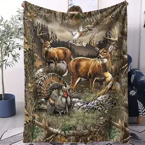 Whitetail Deer & Wild Turkey Wildlife Print Flannel Blanket, Camouflage Woodland Hunting Accent Pattern Throw Blanket, Soft Cozy Warm Blanket - Lightweight Decorative Blanket, Ideal Gift Blanket for Hunting & Outdoor Enthusiasts Bedding Set, Soft Blankets
