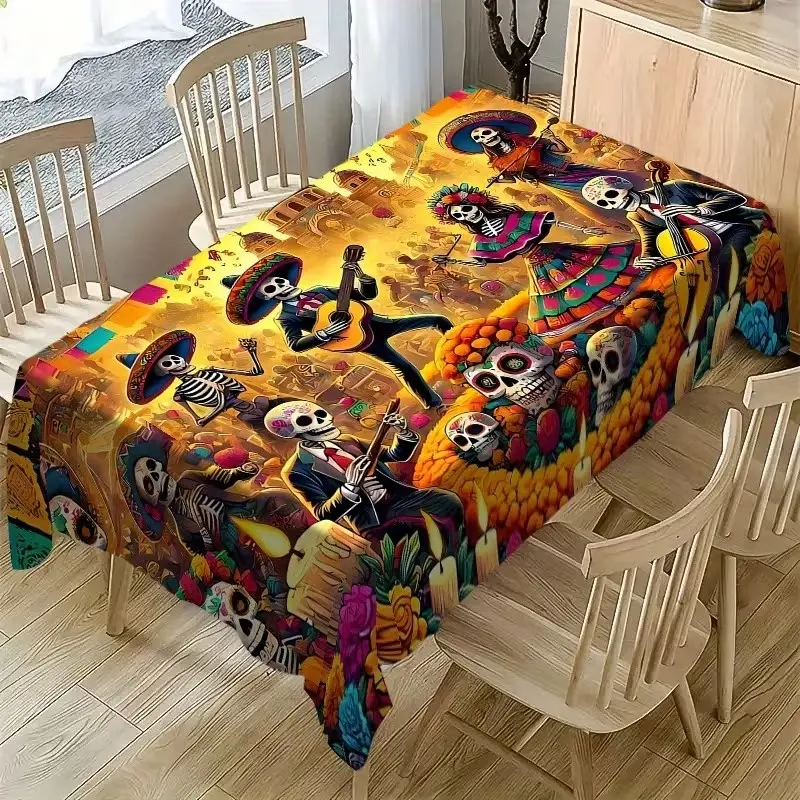 2D Flat Party Tablecloth 1pc, Mexican Skull Design, Vibrant Day of the Dead Decor, Fiesta Party Decorations, Rectangular Tablecloth for Home Kitchen Restaurant