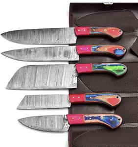 Professional Handmade Damascus Kitchen Knife Set of 5pcs With Leather Cover, Chef Knife Set, Kitchen Knives, Gift For Her