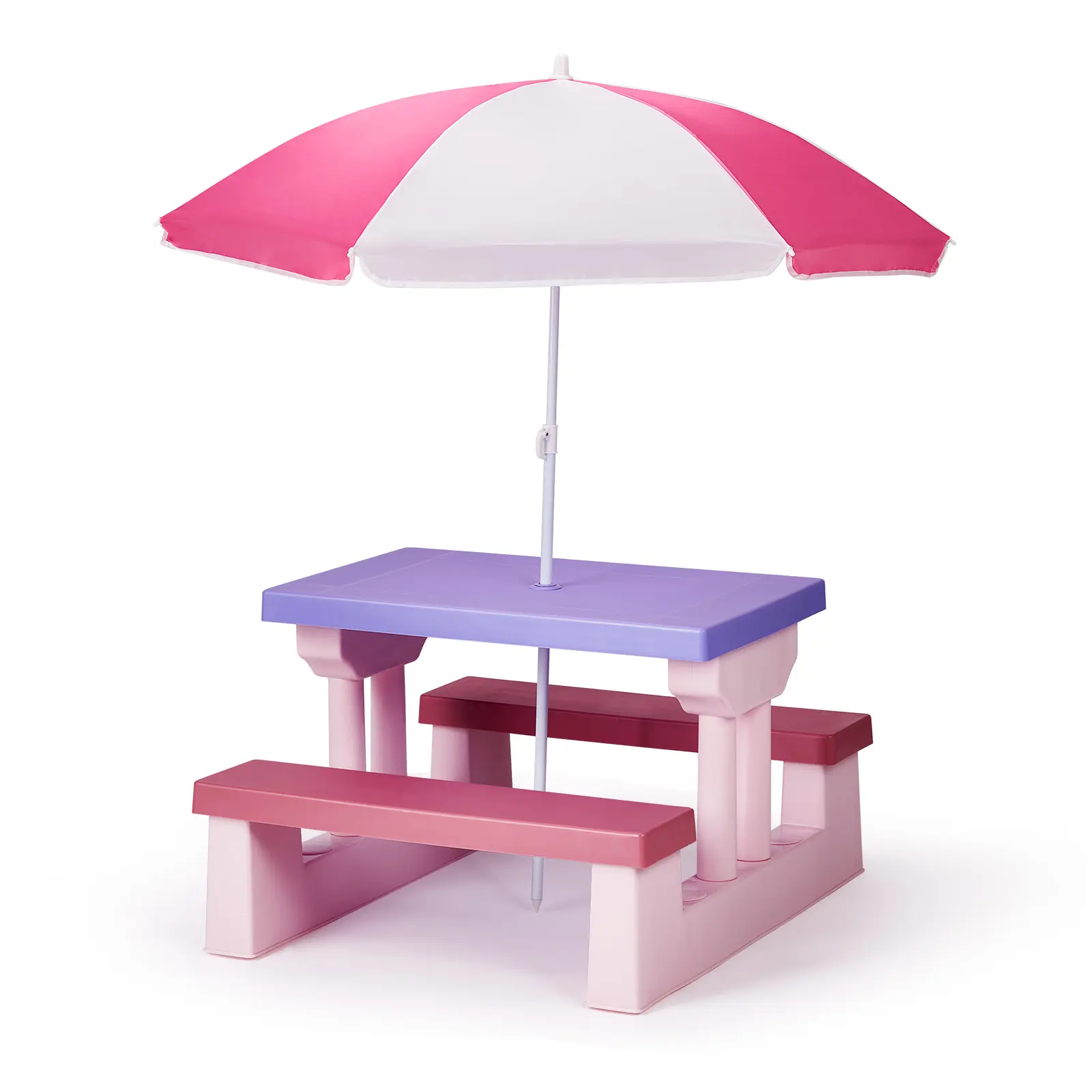 Kids Portable Outdoor Table and Chair Set with Removable Umbrella, Iron Picnic Table, Plastic 2-Benches Patio Furniture for Toddlers, Pink-Purple, Wipes Clean Fast, Portable Table, Outdoor Patio Furniture