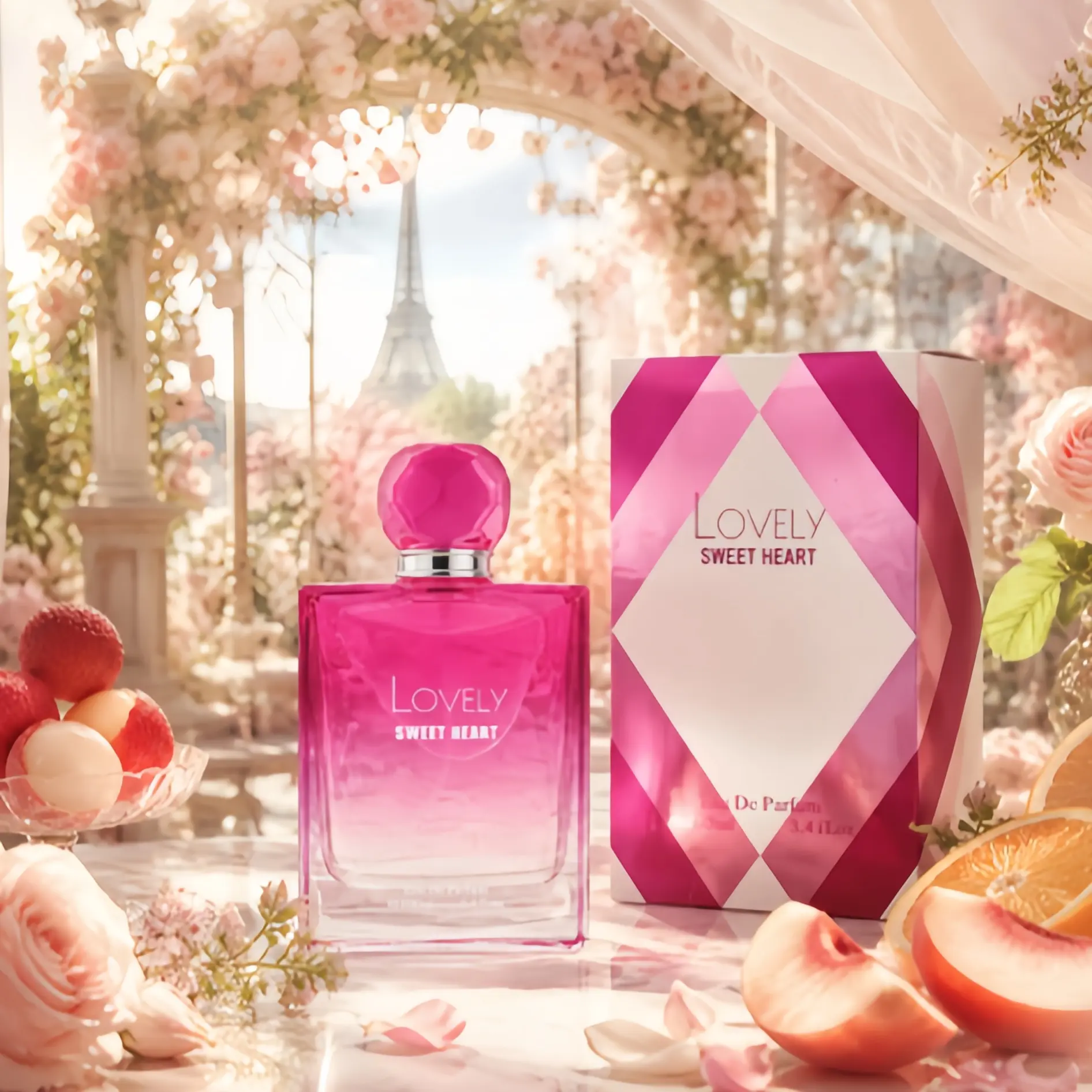 Cute Sweetheart Light Perfume 100ml (3.4 fl oz), fruity floral scent, long-lasting fragrance, contains lychee, peach, jasmine, lily, and warm amber musk, with an elegant, cozy, and romantic aroma, making it a perfect gift for women.