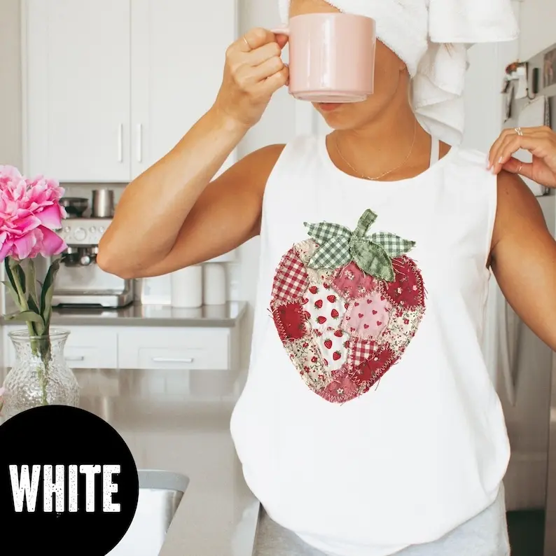 Strawberry Patchwork Tank Top, Comfort Colors Faux Patchwork Strawberry Summer Tank, Fruit Graphic Tank, Aesthetic Fruit Tank