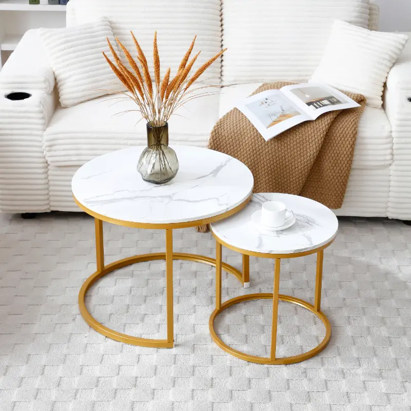 Set 2 Coffee Table Nesting White & Gray Top Golden Frame Circular Round Marble Pattern Wooden Tables Living Room Bedroom Apartment Modern Industrial Simple Nightstand luxury geometric metal leg bedroom dining room