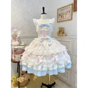 Lolita Kawaii  Long Sleeve Strap Dress Japanese Knee-Length Women Elegant Lace Bow Patchwork Ball Gown Sweet All Season