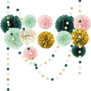 Wedding Birthday Party Decorations Set,15PCS Sage Green Pink Tissue Paper Pompoms Circle Dots Paper Garland String Hanging Backdrop for Shower, Boho Bridal Wedding Theme Decor