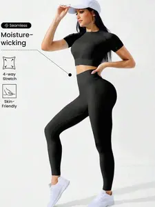 Seamless Stretchy Women's Hot Pink Sports Cropped T-Shirt & Leggings Set Quick-Dry Activewear for Yoga & Studio