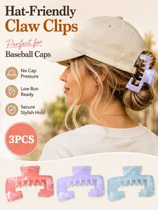 3PCS Hat-Friendly Claw Clips for Women, Marble Pattern Style, Large Non-Slip Trucker Hat Hair Clips for Thick Hair,Hollow Design Strong Hold Baseball Cap Claw Clip Set for Ponytail Bun Hairstyles, Daily Wear, Travel, Sports, Outdoor and Gifts