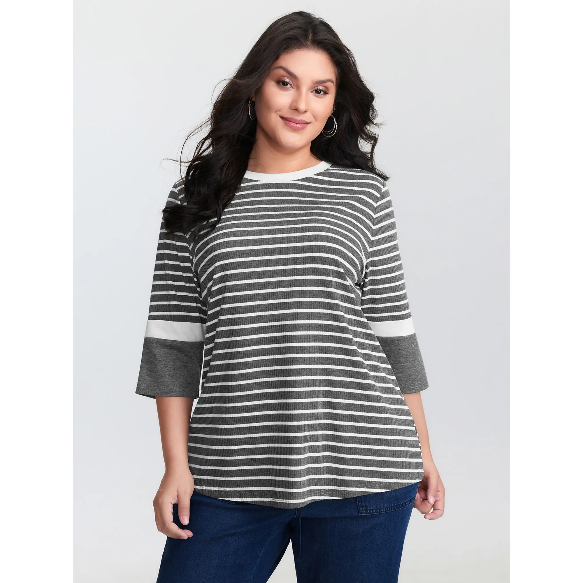 Women's Plus Size Striped Round Neck Short Sleeve Spandex T-Shirt - Casual Fit Turn-Up Garment, Low Iron Fabric, Plus Size Clothes for Moms, 2026 Summer M-6X T Shirts for Women, Summerfinds, Curvy Plus Clothes Women