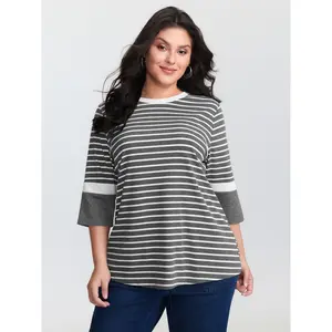 Women's Plus Size Striped Round Neck Short Sleeve Spandex Fabric T-Shirt - Casual Fit Turn-Up Garment for Moms, 2026 Summer M-6X Lady's Top