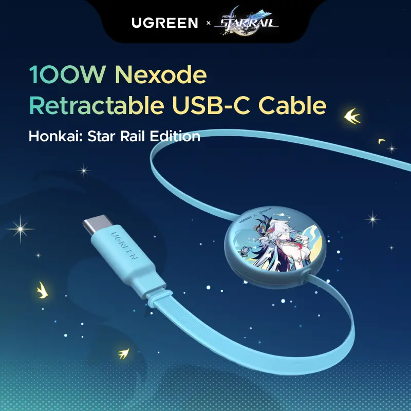 UGREEN Nexode Retractable USB-C Cable Honkai: Star Rail Edition 100W, Glacier Blue, 3.3FT | USB C Charger Cable for iPhone 17/16, MacBook Pro/Air, Galaxy S26/S25, iPad Pro/Air, Pixel 10/9, Switch, AirPods tiktokshopbacktoschool