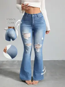 Women's Flare Leg Jeans, Fashion Casual Ripped Jeans for Daily Outdoor Wear, Ladies Bottoms for All Seasons