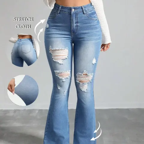 Women's Flare Leg Flared Bell Bottoms Ripped Frayed Edge Design Denim Jeans, Denim Clothing, Fashion Casual Streetwear Ripped Jeans for Daily Outdoor Wear, Ladies Bottoms for All Seasons