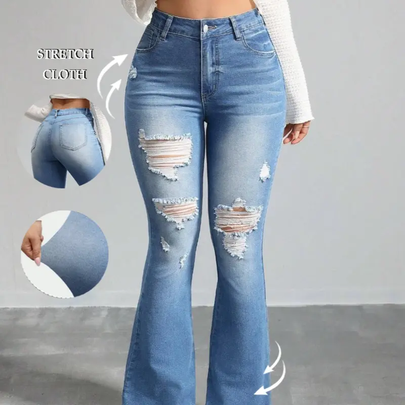 Women's Flare Leg Flared Bell Bottoms Ripped Frayed Edge Design Denim Jeans, Denim Clothing, Fashion Casual Streetwear Ripped Jeans for Daily Outdoor Wear, Ladies Bottoms for All Seasons