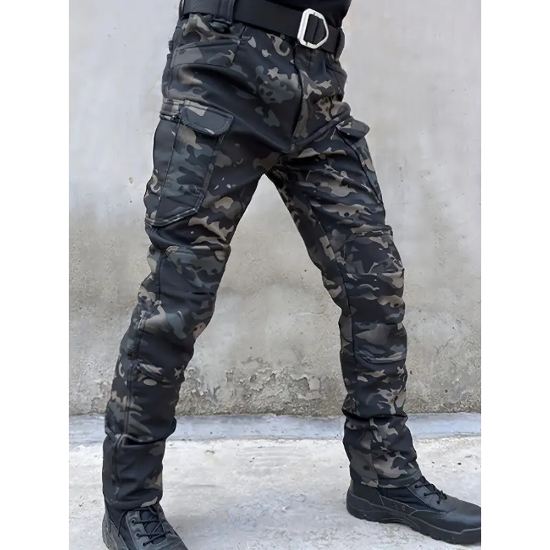 Men's Woven Tactical Fleece-Lined Waterproof Cargo Pants - Spandex-Polyester Blend, Windproof, Durable, Warm, Stretchy, Machine Washable, Solid Color, Multiple Pockets for Outdoor Hiking, Fishing, Party