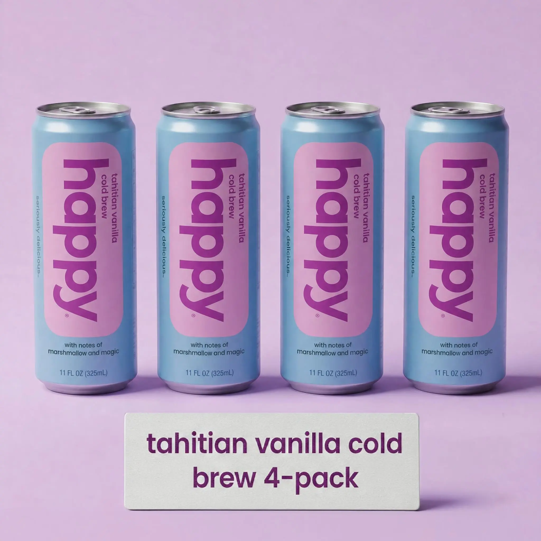 Happy Tahitian Vanilla Cold Brew Coffee 11 oz - 4 pack - Lightly Sweetened with Real Sugar - Only 80 Calories