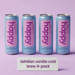 Happy Tahitian Vanilla Cold Brew Coffee 11 oz - 4 pack - Lightly Sweetened with Real Sugar - Only 80 Calories