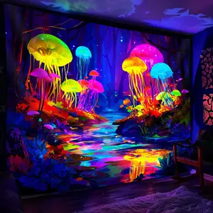 Large Glow-in-the-Dark Jellyfish Tapestry - Vibrant Neon Forest Scene with Luminous Mushrooms & Reflective Water, Polyester Wall Hanging for Bedroom, Office, Living Room Decor, No Installation Needed, Jellyfish Decor