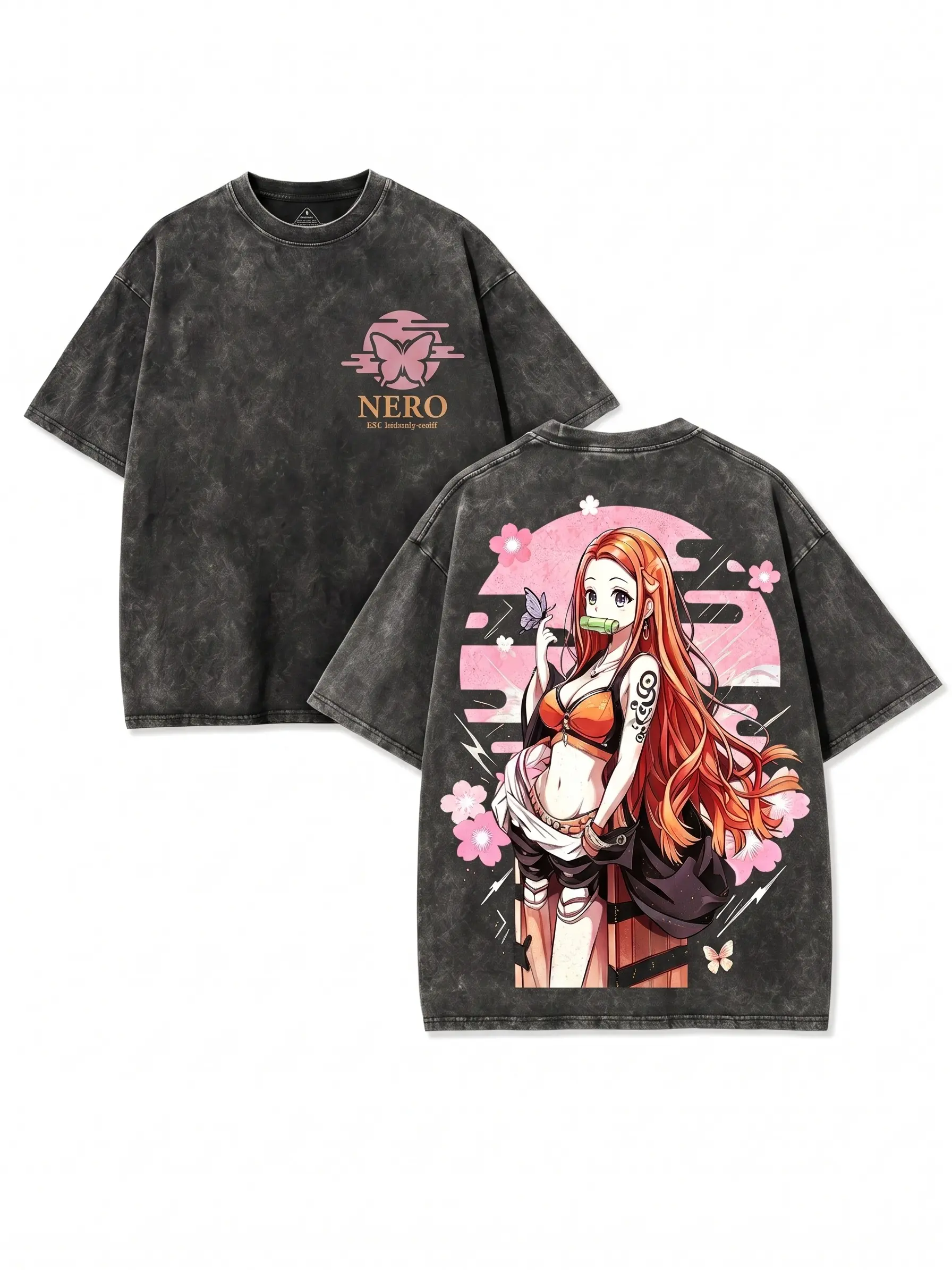 Nezuko Nami Crossover Vintage Washed T-Shirt, Double Sided Sakura Butterfly Anime Graphic Tee, Unisex Cotton Loose Fit Short Sleeve Top For One Piece Demon Slayer Fans Daily Streetwear