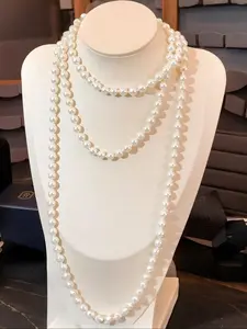 Elegant French Style Faux Pearl Handmade Knot Multi-Layer Long Chain, Faux Pearl Jewelry, Perfect for Dresses and Sweaters, Winter Accessories, Pearl Chain Necklace