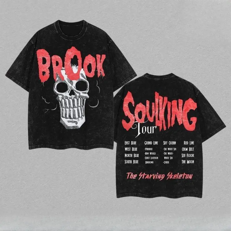 Brook SoulKing Tour Washed Oversized Tee – Double-Sided Print One Piece Shirt  Vintage Streetwear Unisex T-Shirt  Heavyweight Cotton Anime Manga Tee  Gift for Anime Fans vintage t-shirt casual menswear style