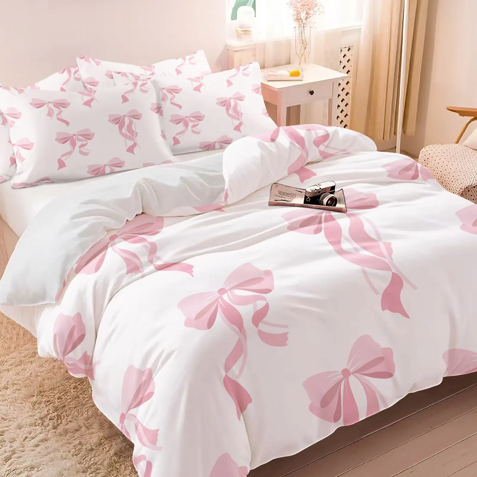 Coquette Pink Bow Decorative Duvet Cover Set, 1 Duvet Cover + 1/2 Pillowcases, No Core, Pastel Bow Print on White Background, Soft Cozy Comfy Breathable All-Season Theme Bedding for Girls & Teens Bedroom & Dorm Decor