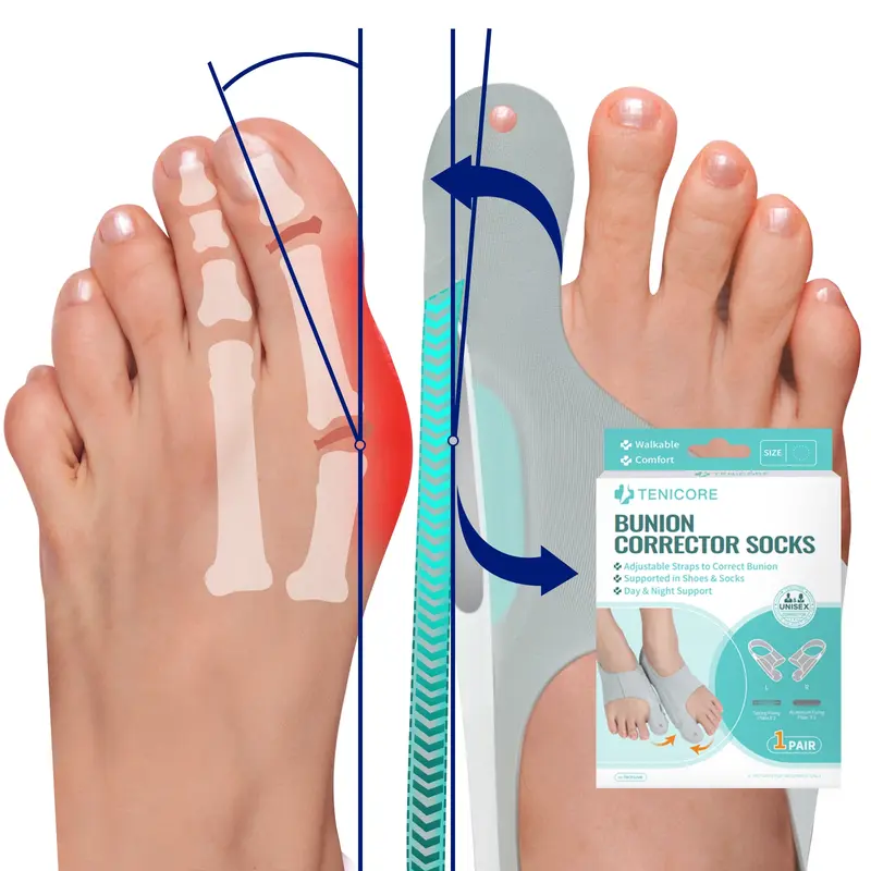 Adjustable Bunion Corrector Socks, Orthopedic Toe Straightener, Big Toe Alignment Sleeve, Toe Separation, Toe Separator, 1 Pair with 4 Fixing Plates, Day & Night Foot Pain Relief, Comfortable Shoe Inserts for Bunions, Foot Care Product