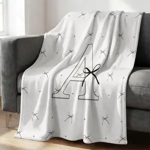 Custom Monogram Letter A-Z Throw Blanket, Minimalist Black Bow Flannel Blanket, Ultra Soft Warm Blanket, All-Season Comfort, Ideal Gift Blanket for Creating a Girly & Romantic Living Space