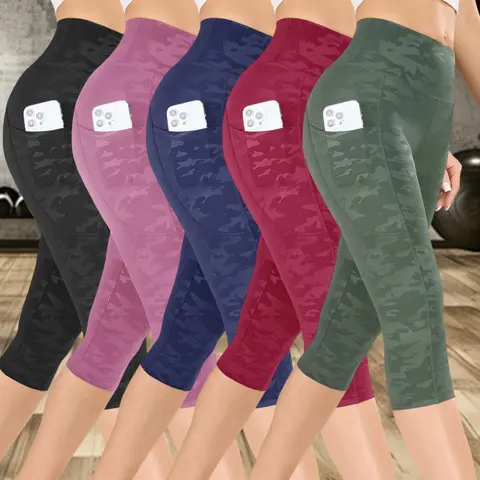 Women's Camo Print Sports Capri Pants, Casual Comfy Breathable Capri Leggings for Yoga, Gym and Workout, Sportswear for Spring & Summer, Sports Stretchy Leggings, Knitted Sports Pants, Gym Fitness Sportswear, Gym Sportswear Bottoms