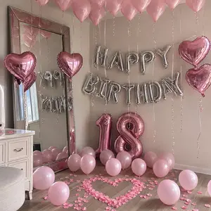 Pink Birthday Balloon Set with Happy Birthday Foil Banner, Pink Heart Foil Balloons, Pink Latex Balloons, Rose Petals, Optional Number Balloons, Birthday Party Decorations for Bedroom Surprise and Photo Backdrop