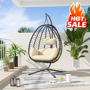 【Back to School Sale】Egg Chair Outdoor Indooor Wicker, Hanging Chair with Grey Cushions Kullavik-