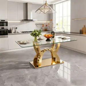 69'' Gold Glass Dining Table for 6 People, Modern Kitchen Table with Stainless Steel Base and Clear Tempered Glass Desktop Rectangle Table for Dining Room Kitchen Office Sturdy Design Easy Use(Table Only)