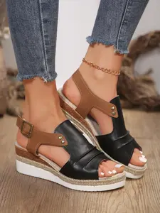 Women's Colorblock Thick Sole Wedge Sandals, Summer Velour Open Toe Slip-Ons, Casual Versatile Vacation Outdoor Walking Shoes