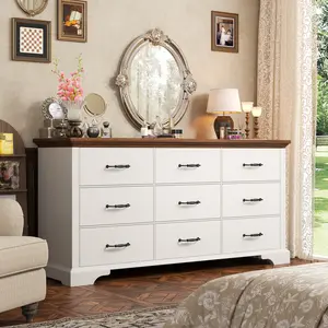 RaybeeFurniture 9 Drawers Dresser, 63" W Farmhouse Dressers for Bedroom, Solid Wood TV Stand with Large Metal Handle, Modern Wood Organizer for Closet