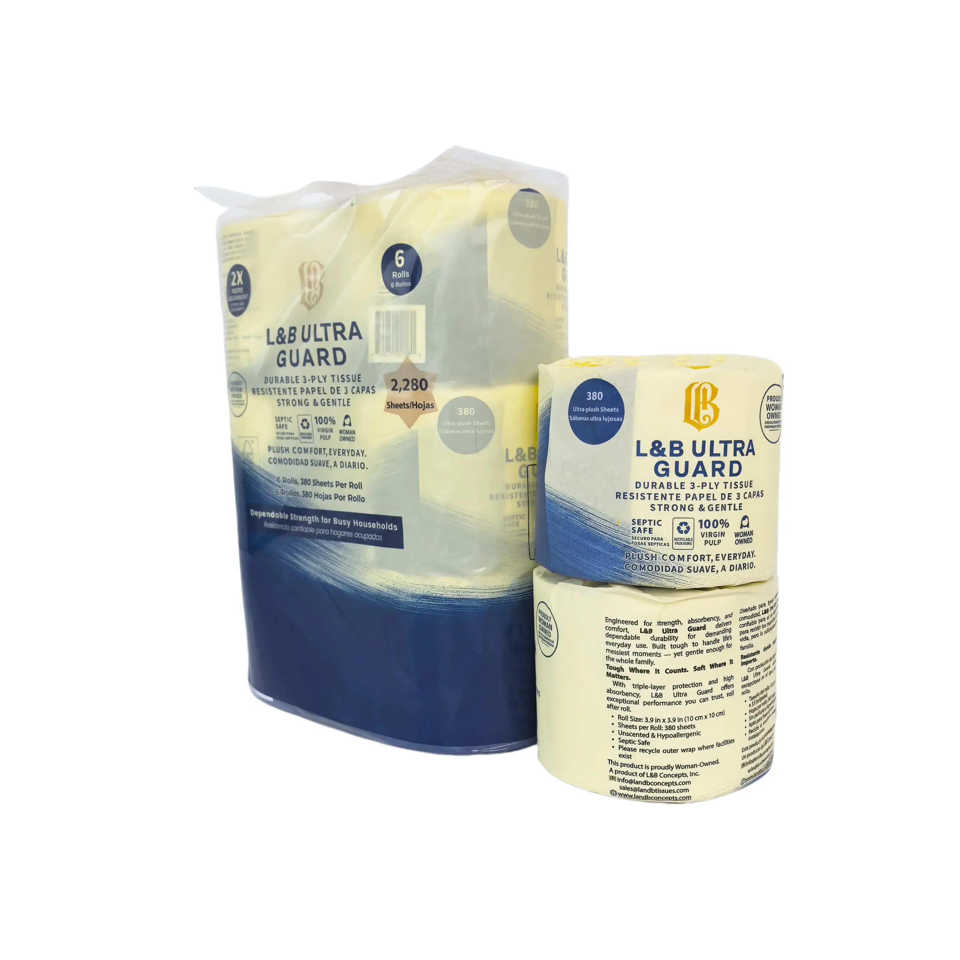 L&B Ultra Guard 3-Ply Unscented Soft Toilet Tissue Sheets, 6-Pack Bagged Mega Rolls, Woman-Owned Brand Daily Home Care Backups, Eco-Friendly Sustainable Durable Disposable Toilet Paper Supplies