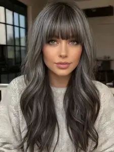 24 Inch Fashionable New Long Wavy Dark Grey Wigs with Bangs and Light Grey Highlights, Synthetic Women's Wigs Suitable for Ordinary Work, Life, Dance Parties and All Occasions
