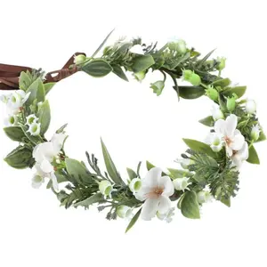 White Flower Crown Headband Handmade Golden Leaf Fairy Floral Headpiece with Ribbon for Women and Girls,for Weddings, Vacations, Festivals, and Parties