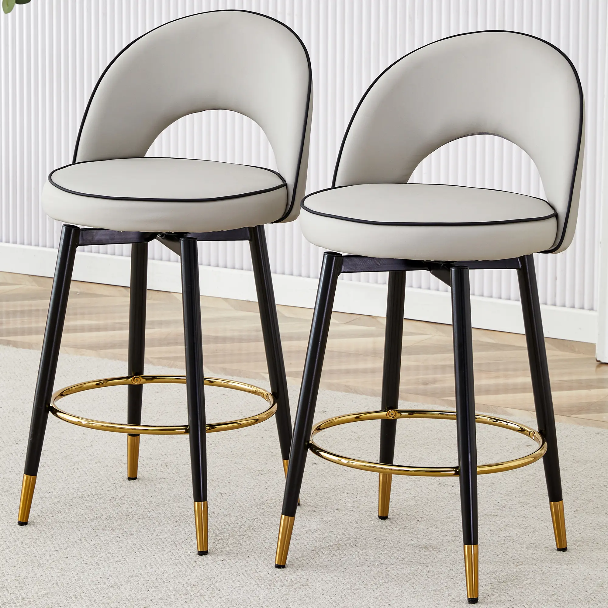 Swivel Bar Chairs Set of 2, 360° Rotation, PU Upholstered with Metal Legs, Ergonomic Counter Height Stools for Kitchen Island, Dining Room, Home Office, Black+Gray