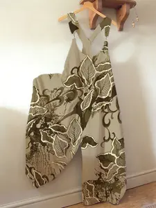 Women's Boho Outfits Wide-Leg Overalls - Sleeveless, Printed, 1-Piece Loose-Fit Adjustable Strap Jumpsuit with Vintage Floral Graphics, Lady's Elegance Style for Vacation, Summer Casual Baggy Pants