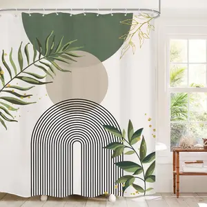 Boho Sage Green Shower Curtain 60Wx72H, Abstract Bohemian Mid Century Modern Bathroom Curtain, Gold Leaves Plant Olive Grey Minimalist Bathroom Decor Bath Curtain Polyester 12 Pack Hooks