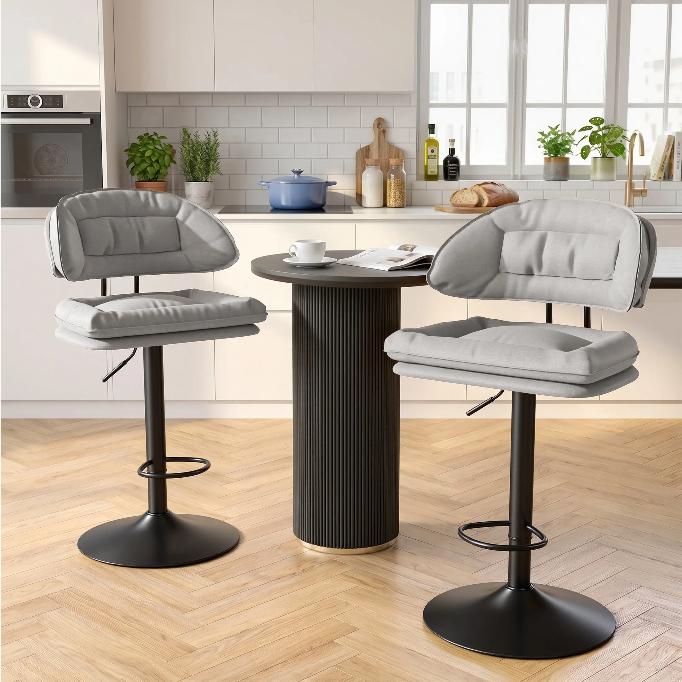 Luxanimarion Modern Bar Stools Set of 2, Spacious Ergonomic Double-Layer Cushion Upholstered Swivel Bar Stools with Backrest, Adjustable for Kitchen Island,