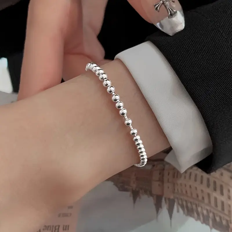 Silver Color Adjustable Beaded Drawstring Bracelet for Women, Perfect Holiday Gift, 1 Piece, Ca Prop 65 Compliant