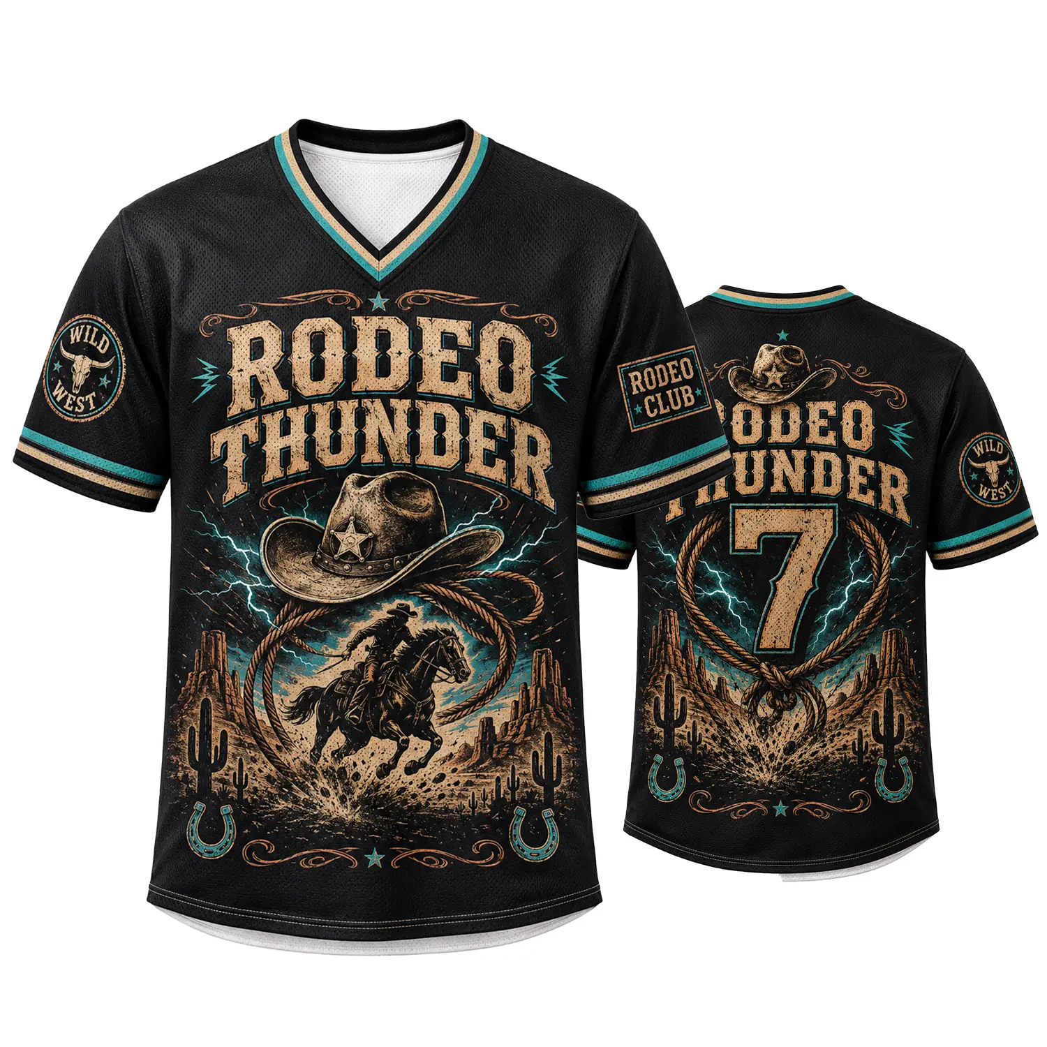 Rodeo Thunder Unisex V-Neck Cut Sports Top - Black Cowboy Theme Jersey Fabric Shirt with Lasso, Lightning, Wild West Patches for Western Events