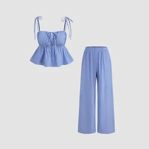 Cider [size 2-10] Square Neck Striped Knotted Crop Cami Top With High Rise Striped Wide Leg Trousers