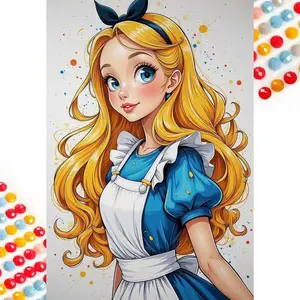 5D DIY Full Drill Round Diamond Painting Kit - Diamond Art Painting Set, Golden Hair, Blue Dress, White Apron. Mosaic, Canvas - DIY Decorative Painting, Home Wall Decor, Suitable for Halloween and Christmas, Birthday and Anniversary Gifts.
