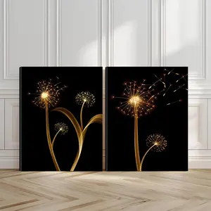 2pcs Golden Dandelions Wall Art, Glowing Poster, Artistic Art Prints, Elegance Home Decor, Modern Wall Paintings, Minimalist Canvas Posters Wall Arts, Decor for Living Room, Restaurant, Kitchen, Bedroom, Housewarming Gift, With Frame