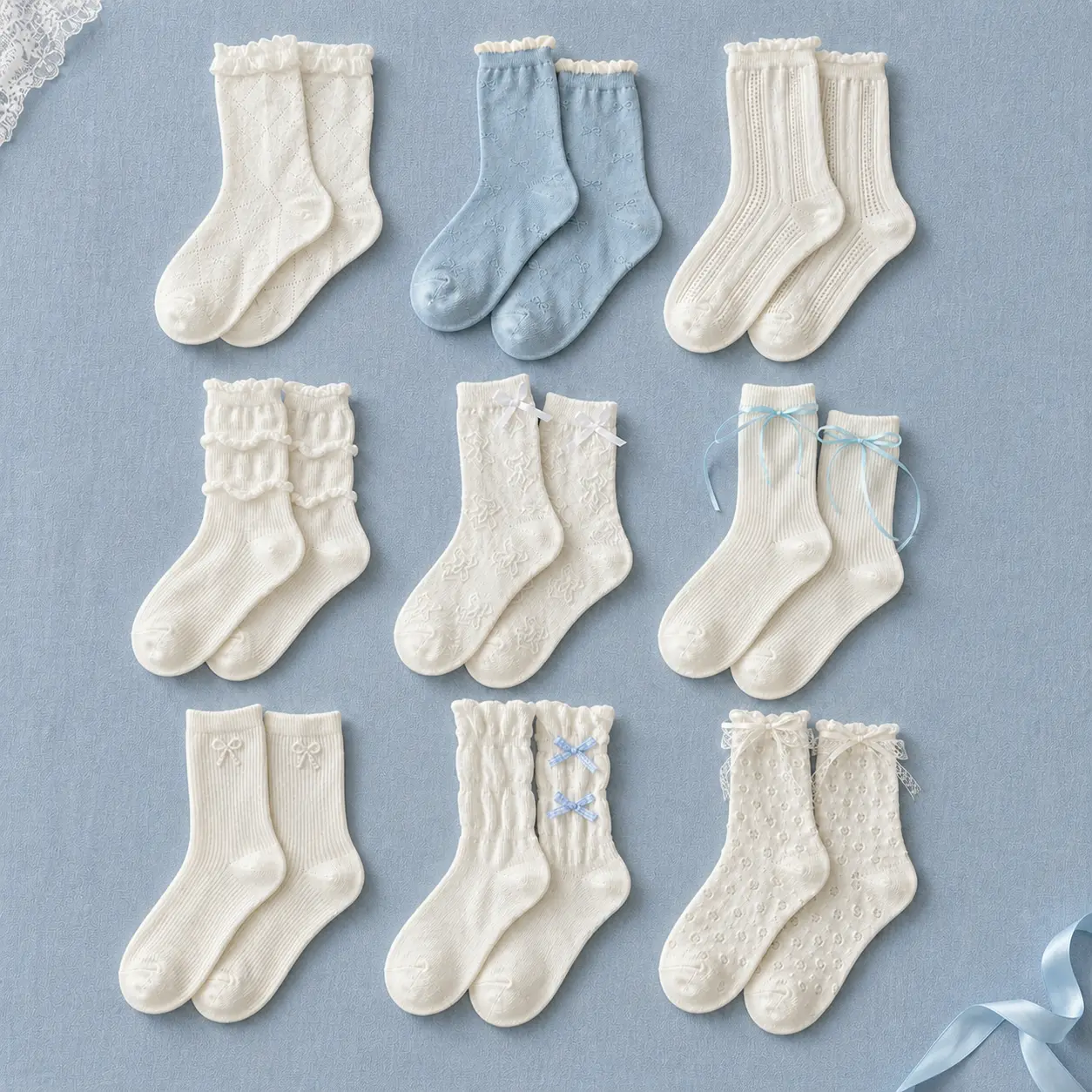 9 Pairs Women's Coquette Crew Socks, Preppy Academia Bow Lace Ruffle Pointelle Sock Set, Cute Womenswear Accessories for Everyday Outfits